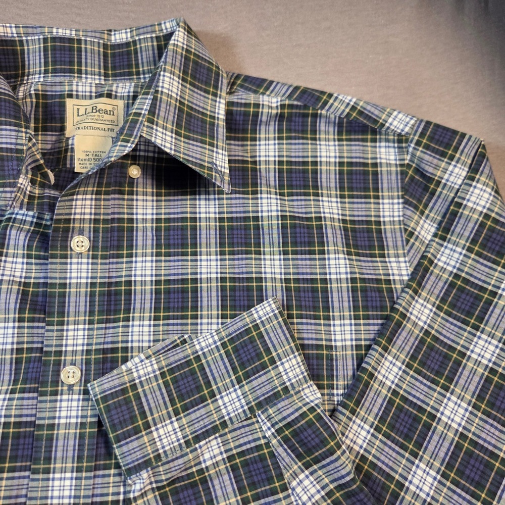 LL Bean Mens Medium Tall Traditional Fit Plaid Button Down Shirt Blue Green